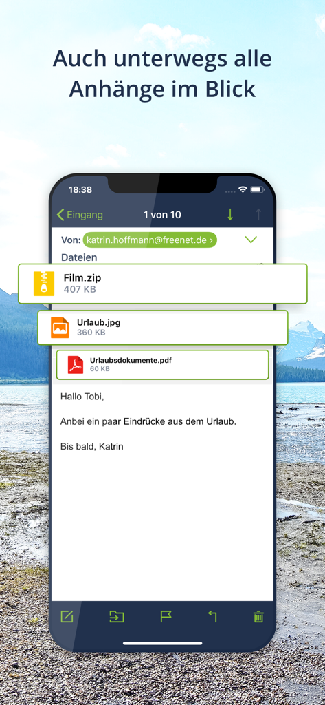 freenet Mail app interface showing an email with multiple file attachments on an iPhone
