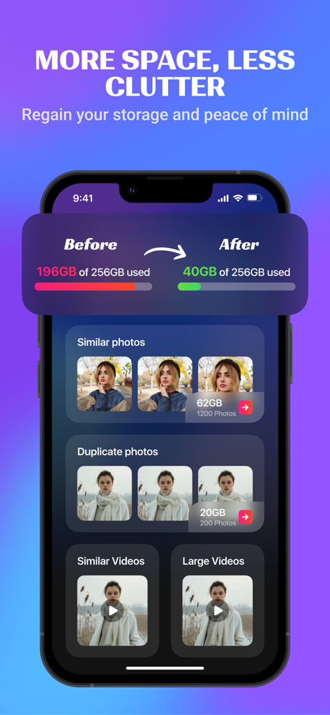 Bingo Album - storage cleaner - Bingo Album app interface illustrating storage space reduction by identifying similar and duplicate photos