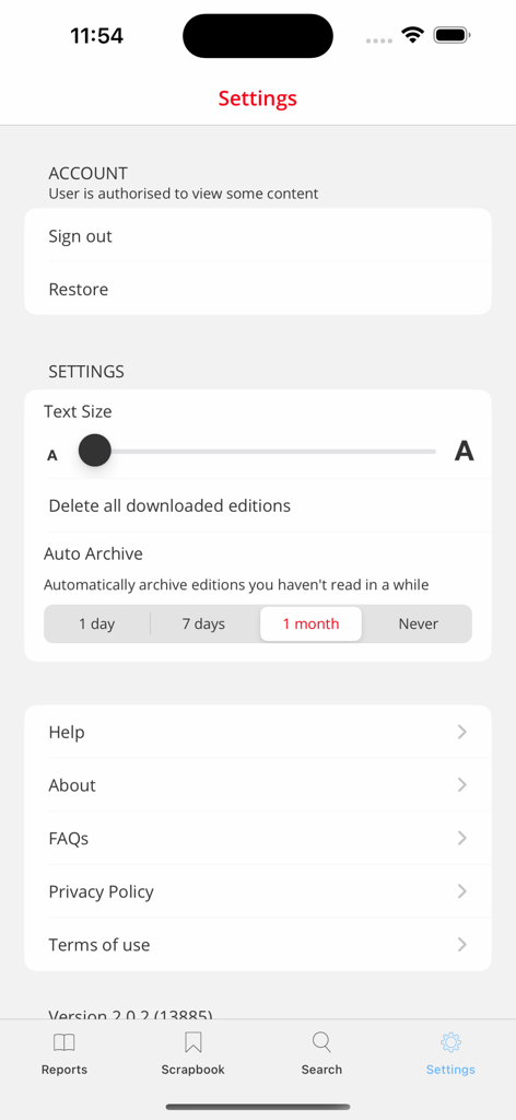 LatinNews - Settings screen of the LatinNews app showing account options text size slider and auto archive settings