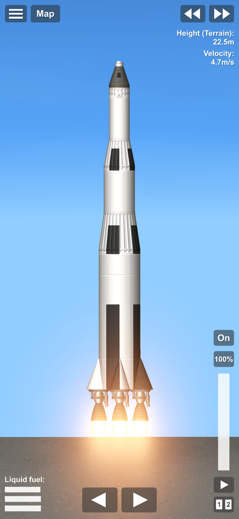 A multi-stage rocket taking off from the ground with engines firing into a blue sky in Spaceflight Simulator.