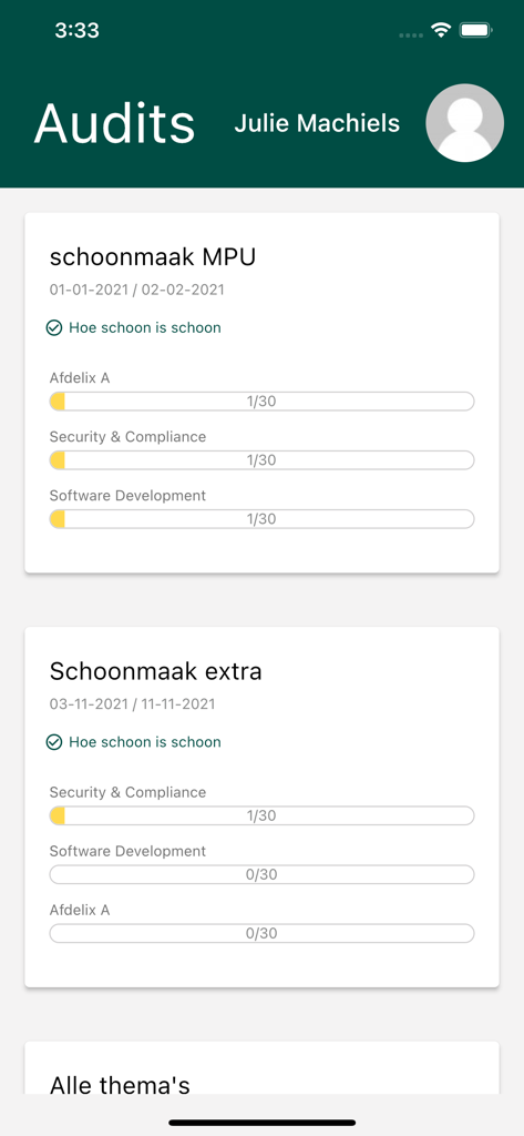 Interface of the IPA app displaying a list of infection prevention audits with progress bars for different departments