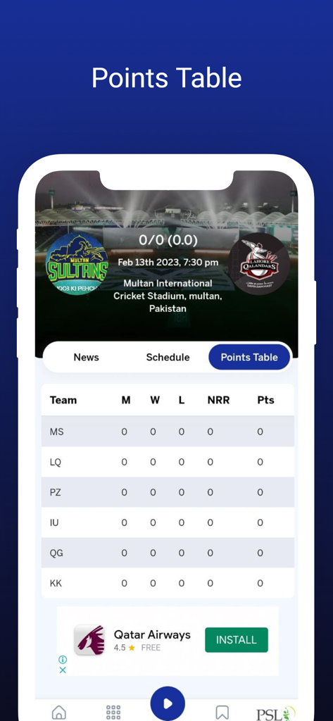 Geo Super Official app screenshot showing cricket tournament points table and team standings