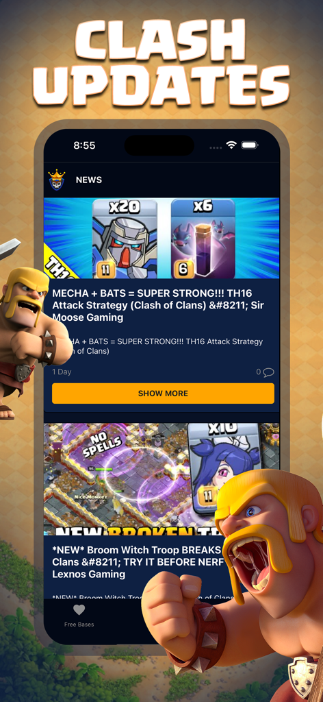 Interface do aplicativo Clash Champs mostrando as últimas notícias e estratégias de ataque do Clash of Clans.
