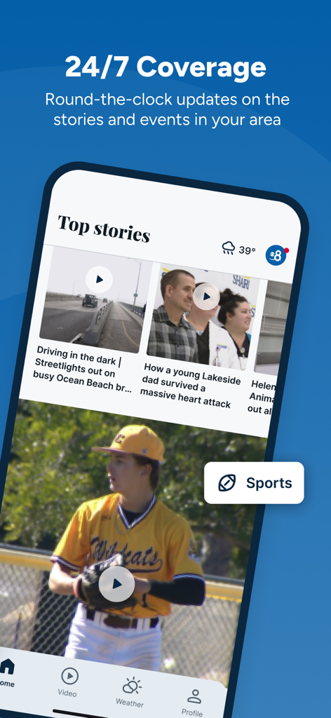 Interface of the CBS 8 San Diego app displaying local news headlines, weather and sports videos