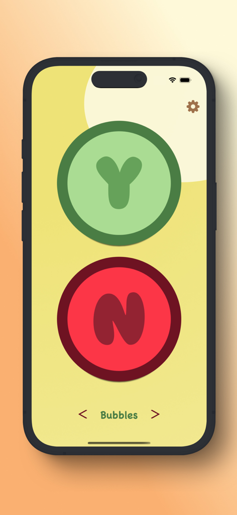 The Yes-No Button - A mobile screen showing a large green button with a Y and a red button with an N for simple kid-friendly decision making