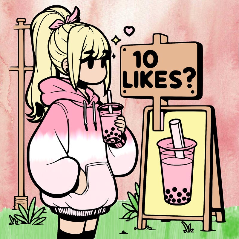 girl with oversized hoodie drinking boba and she has a high ponytail with a sign that says 10likes?