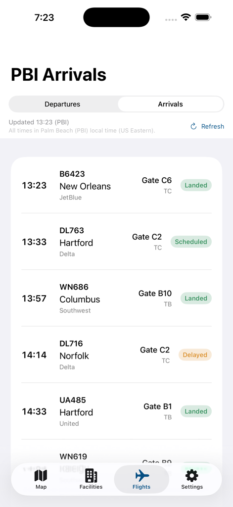 Palm Beach Intl PBI Airport - PBI airport app interface showing a list of flight arrivals including gate numbers and status.
