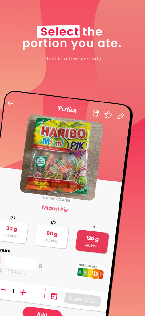 Le Secret Du Poids - 食品の異なる重量とカロリーを示す視覚的な分量選択画面
