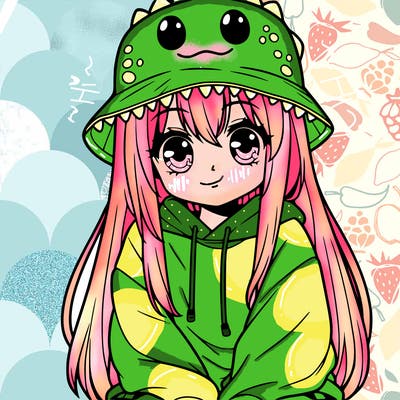 girl with anime shaped eyes with a dinosaur bucket hat oversized sweatshirt long straight hair
