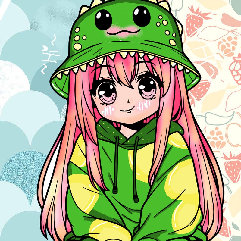 girl with anime shaped eyes with a dinosaur bucket hat oversized sweatshirt long straight hair