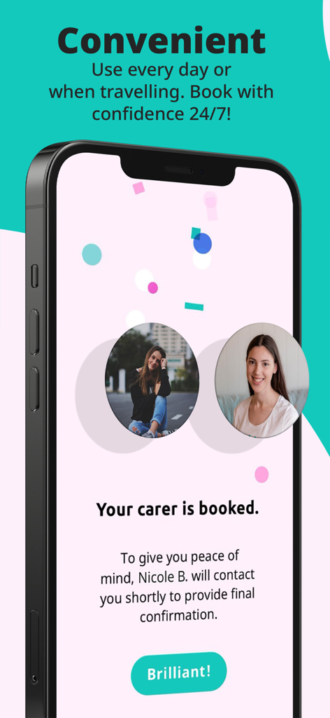 Kiddo App - Kiddo App mobile interface showing a successful booking confirmation for a verified carer
