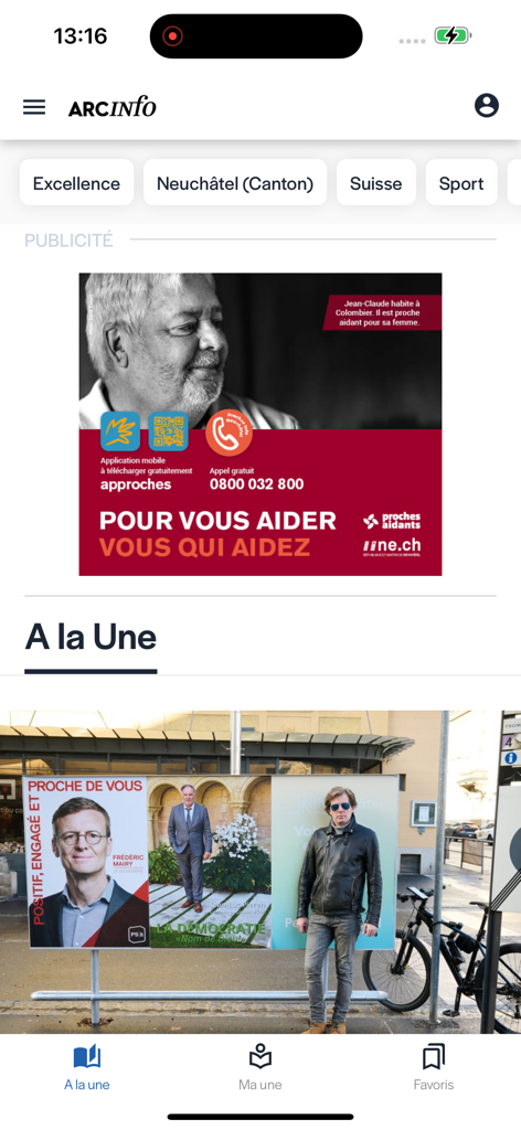 Interfaz de la aplicación de noticias Arcinfo mostrando titulares suizos regionales y categorías de navegación