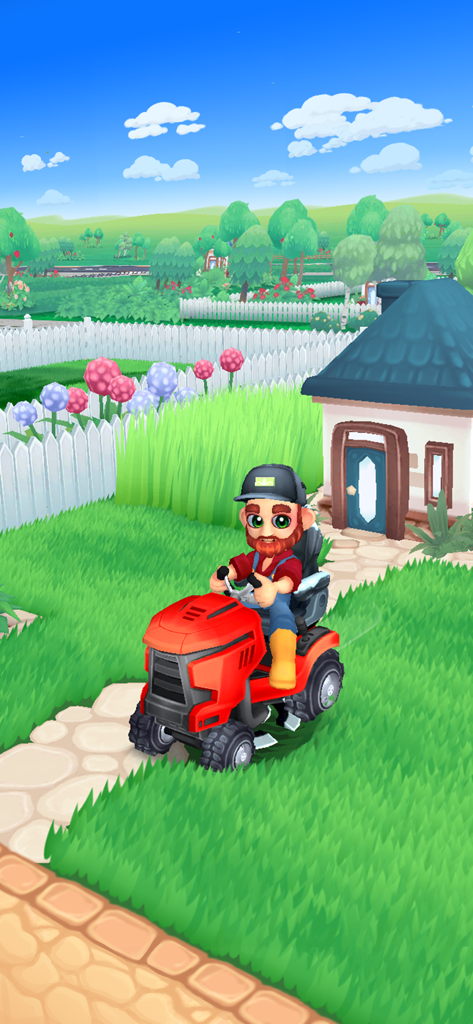 It's Literally Just Mowing - 赤い芝刈り機に乗った男性が、小さな家と白いフェンスの隣にあるカラフルな郊外の庭で芝を刈っている。