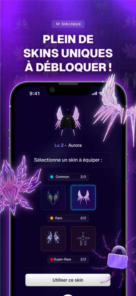 Arntreal - Interface do aplicativo móvel Arntreal mostrando skins de roupas digitais exclusivas para desbloquear para um moletom preto com asas virtuais rosas.