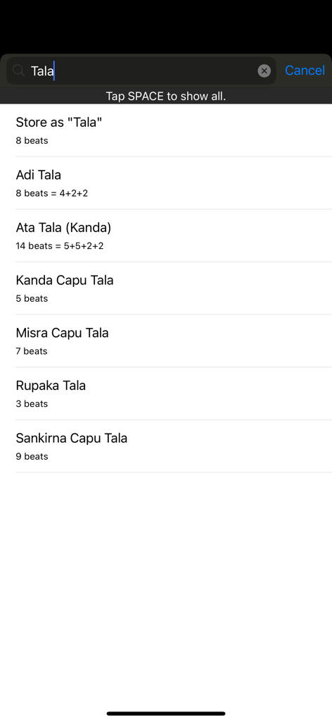 Interfaz de búsqueda en la aplicación Tala Keeper que enumera varios patrones rítmicos de música carnática como Adi Tala y Rupaka Tala.