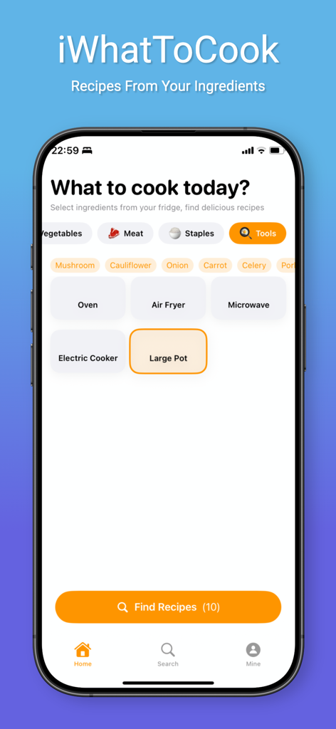 Uma tela de celular mostrando a interface do aplicativo iWhatToCook para selecionar utensílios de cozinha como forno ou panela grande para encontrar receitas correspondentes