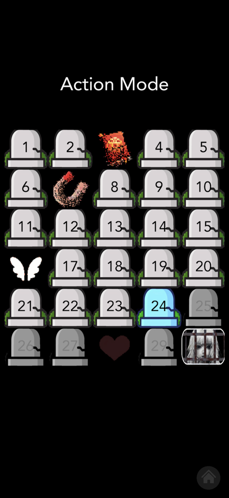 Mariam Game - Mariam Game Action Mode screen showing a level selection grid of tombstones with mystical symbols