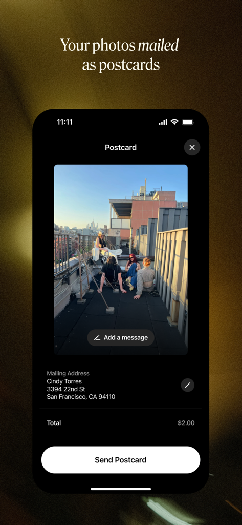 A mobile interface for the Retro app showing how to send a photo as a physical postcard to a friend.