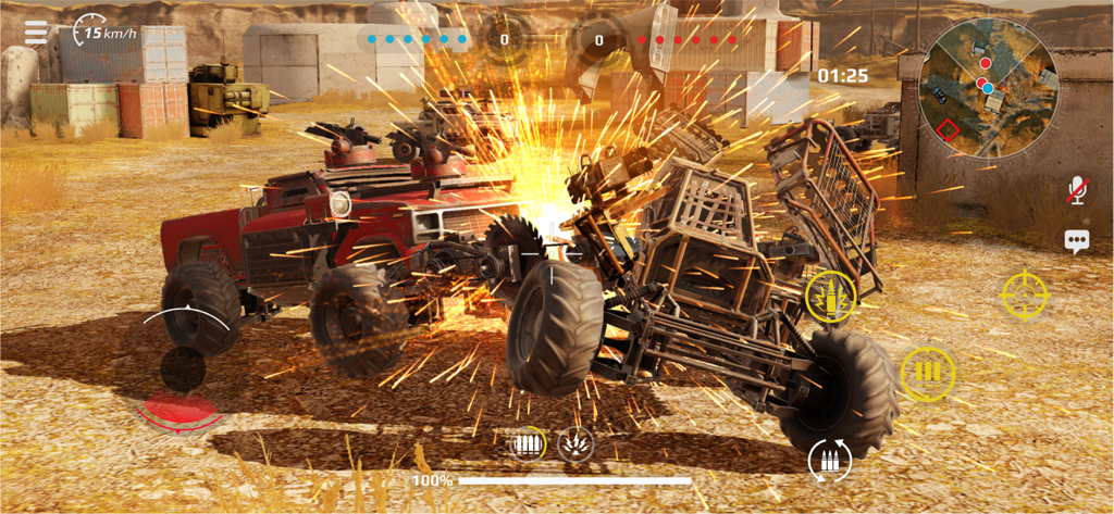 Action-packed car battle with explosions and debris in a post-apocalyptic desert arena