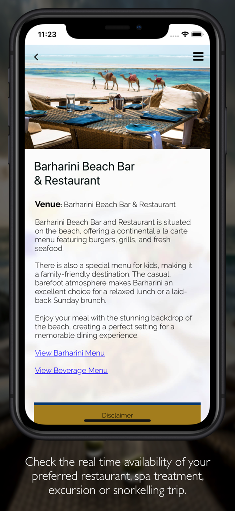 Swahili Beach - The Swahili Beach mobile app showing the Barharini Beach Bar and Restaurant page with a seaside dining view