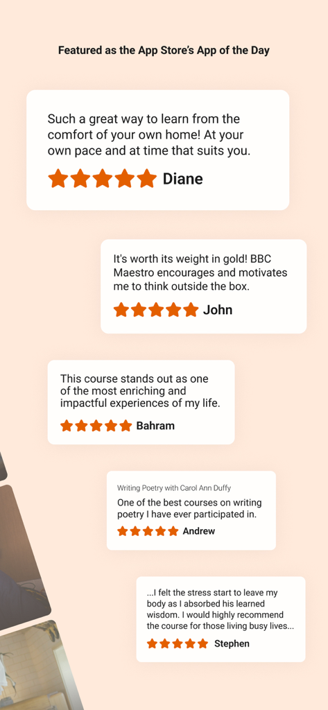 Five star user reviews and testimonials for BBC Maestro online courses app