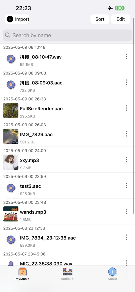 MP3Converter-Video2MP3 & Tools - Interface de l'application MP3Converter montrant une liste de fichiers audio gérés et les options d'importation