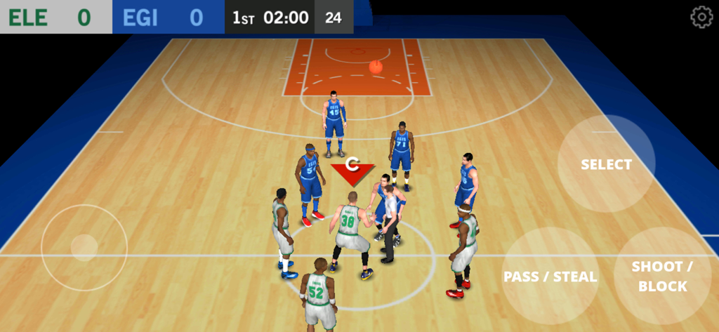 DoubleClutch Basketball gameplay showing a match tip-off with on-screen arcade controls