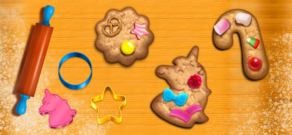 Cookie baking game interface with decorated unicorn and candy cane cookies rolling pin and colorful cookie cutters