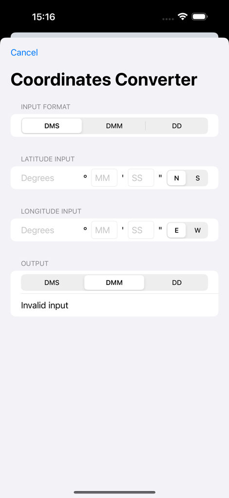 Interfaz para convertir coordenadas GPS entre formatos DMS, DMM y DD en la aplicación Waypoint Creator.