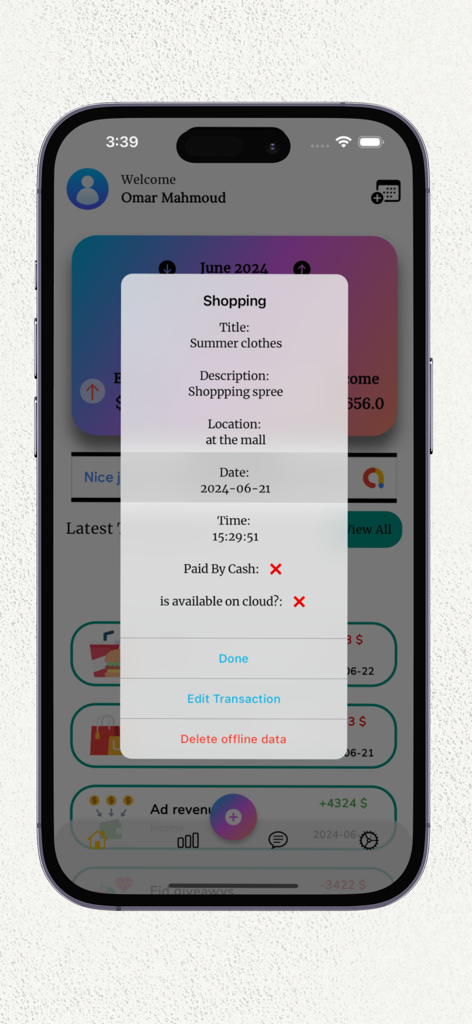 CashBot — Smart Budget - A detailed transaction popup in the CashBot app showing spending details for summer clothes at a mall