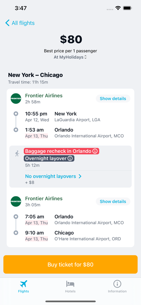 Cheap Plane Tickets - 프론티어 항공을 이용한 80달러 항공권 여정(경유지 포함)을 보여주는 저렴한 항공권 앱 모바일 화면