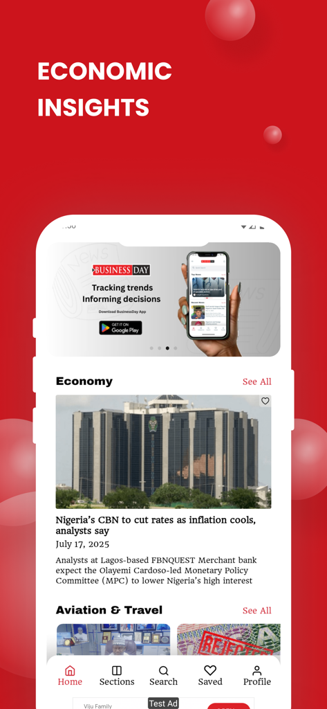 BusinessDay News mobile app interface showing the economy section with a headline about Nigeria Central Bank interest rates.