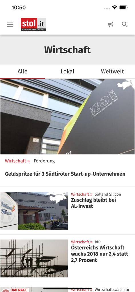 Screenshot des Wirtschaftsbereichs in der stol.it Mobile-App mit regionalen und internationalen Wirtschaftsartikeln auf Deutsch.