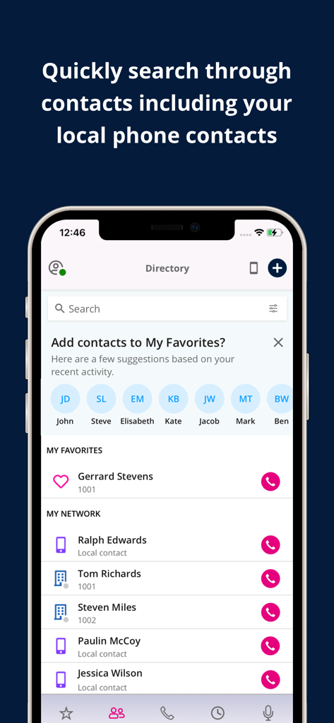 Unigy Mobile Client - Unigy Mobile Client directory screen showing a searchable contact list with professional and local network contacts