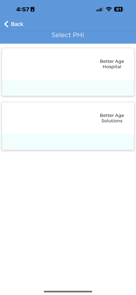 Mobile interface of the Chariots app showing the PHI selection screen with options for Better Age Hospital and Better Age Solutions.