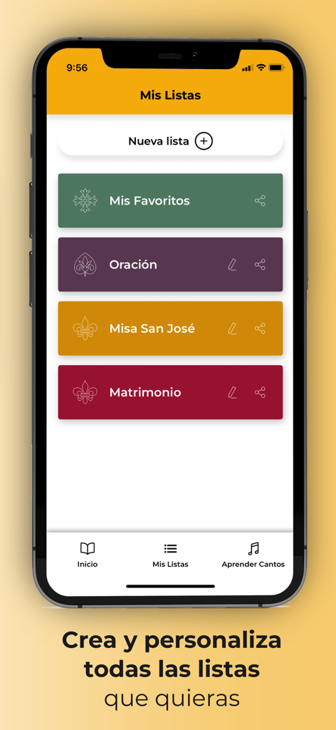 Canto Católico - Canto Catolico mobile app screen showing custom song lists for mass and prayer