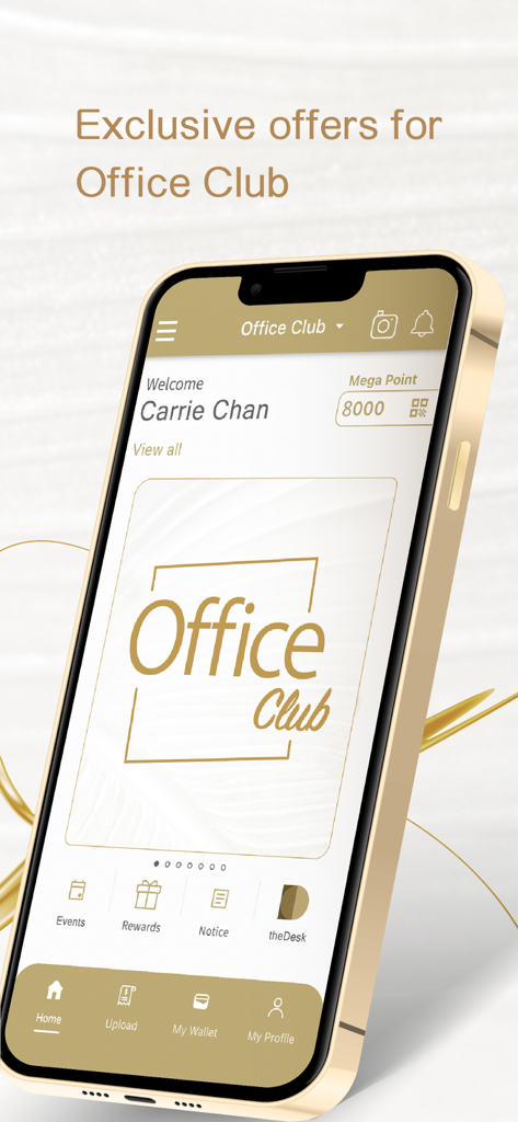 MegaBox - Interface de l'application MegaBox montrant les récompenses exclusives pour les membres de l'Office Club et le solde des points.