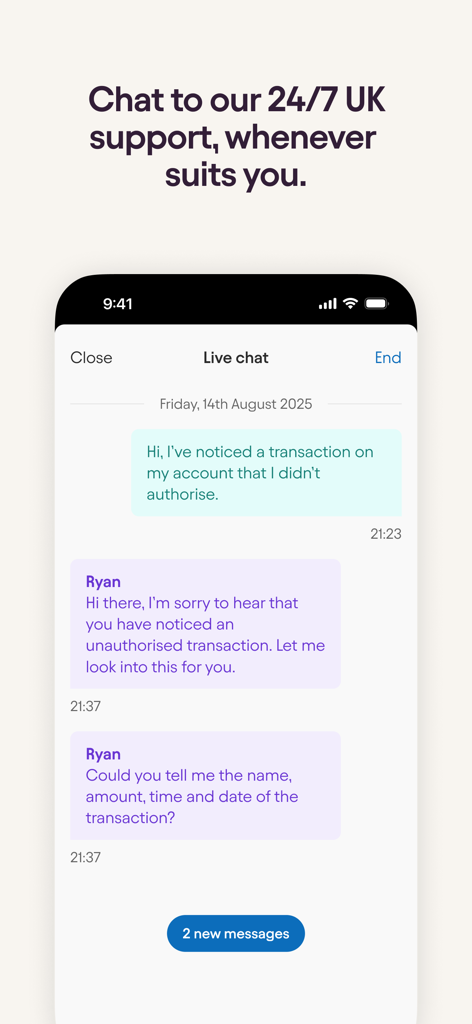 Starling - Mobile Banking - Starling Bank Mobile-App-Oberfläche, die eine 24/7-Live-Chat-Konversation mit einem Kundendienstmitarbeiter zeigt.