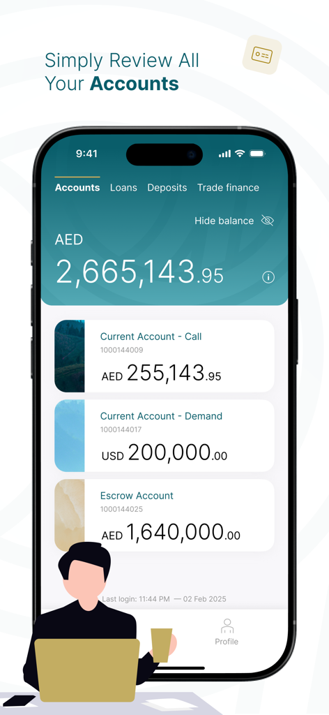 AAIB Business mobile app dashboard displaying current and escrow account balances in AED and USD