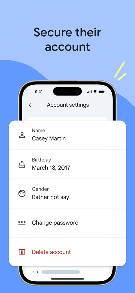A smartphone displaying Google Family Link account settings for managing a child profile including password and privacy options