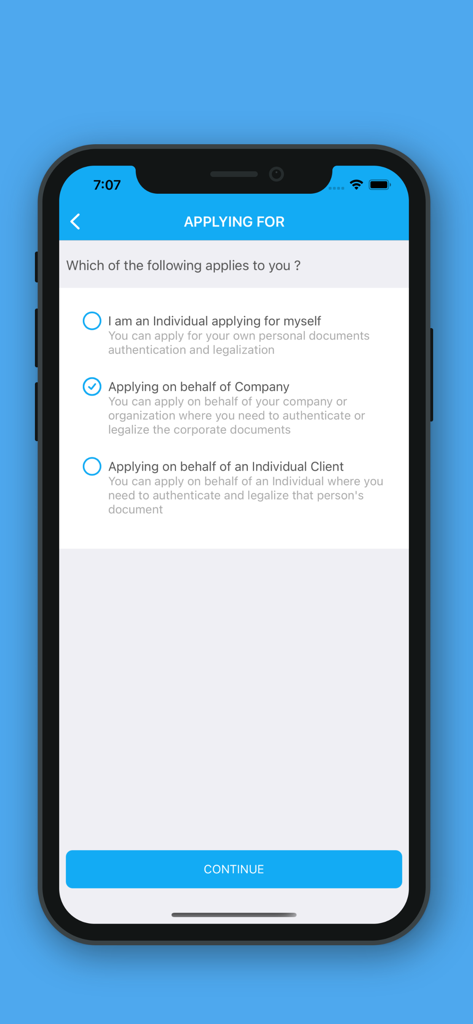 Digital MOFA - Tela de opções do aplicativo MOFA Digital para se inscrever como indivíduo em nome de uma empresa ou em nome de um cliente individual