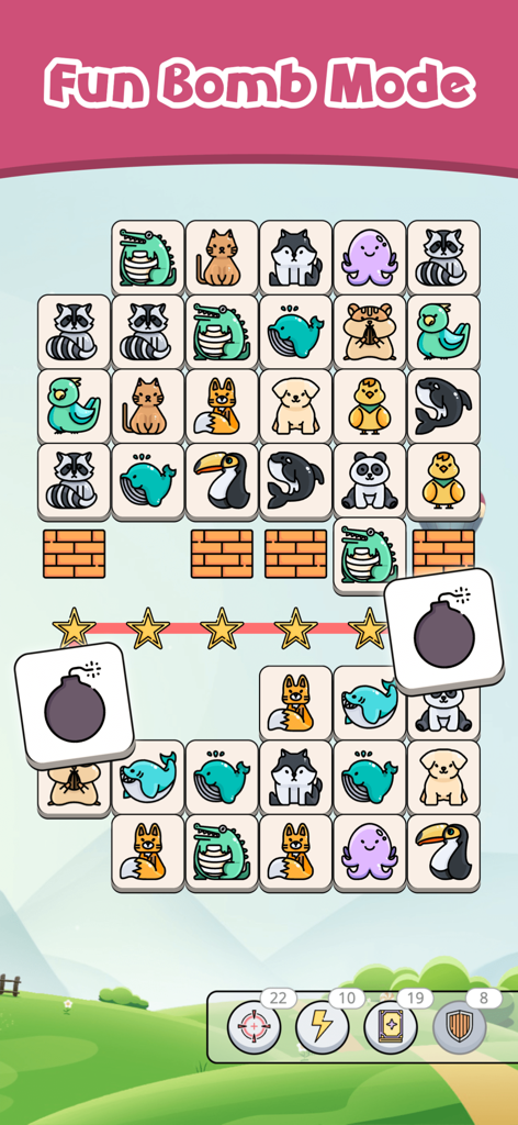 Zen Match Majong Tile Explorer - A gameplay screenshot of Zen Match Majong showing the Fun Bomb Mode with cute animal matching tiles on a scenic background.