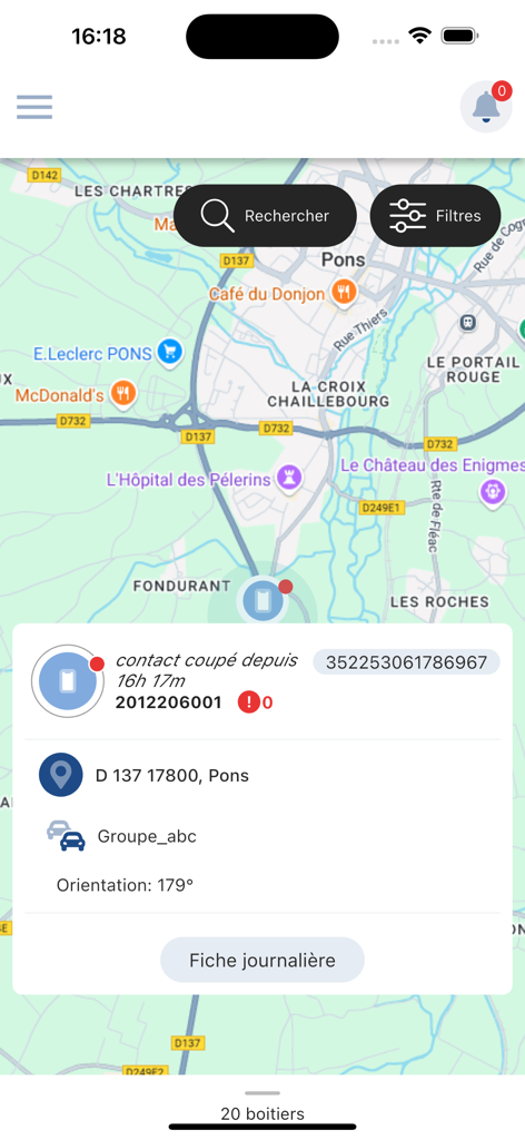 Suivi de la localisation et du statut des véhicules en temps réel sur une carte dans l'interface de l'application Exdat