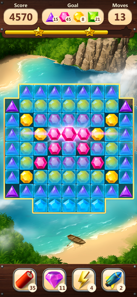 Jewels Planet  - Match 3 Game - A match-3 puzzle game board with colorful jewels over a tropical beach background.