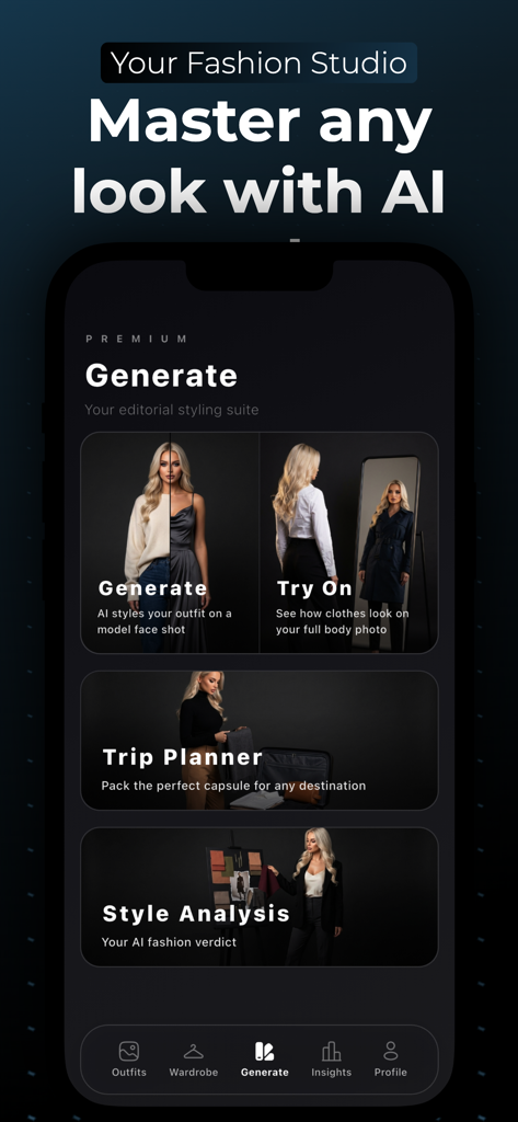 SELION.AI - SELION AI app screen displaying AI outfit styling and virtual try on features