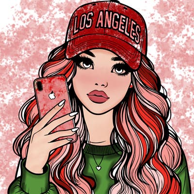 realistic beautiful girl wearing los ángeles cap holding an iphone