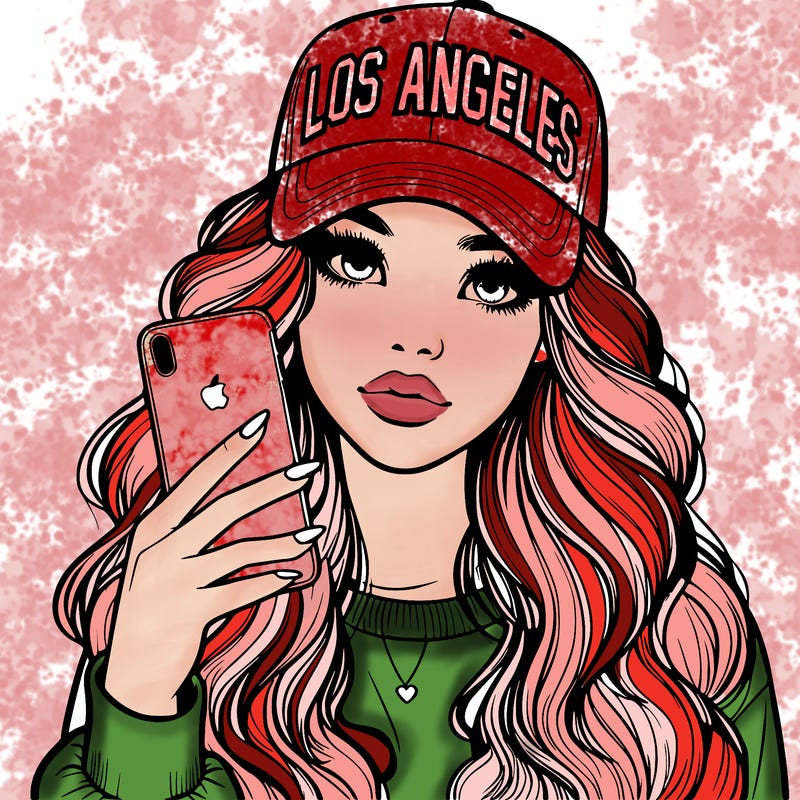 realistic beautiful girl wearing los ángeles cap holding an iphone