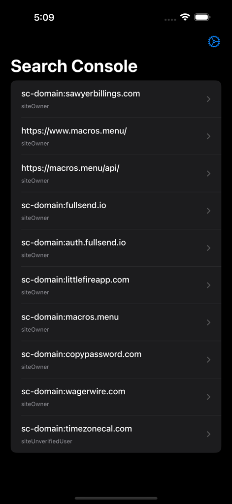 Search Console Mobile - Search Console Mobile app displaying a list of website domains