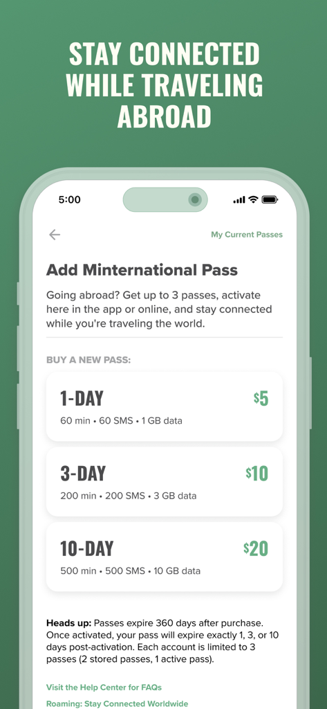 Mint Mobile - Mint Mobile app screen showing Minternational Pass options for 1-day 3-day and 10-day international roaming.