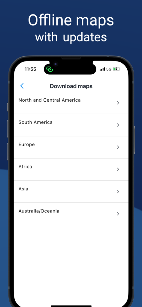 NaviTruck mobile app screen showing options to download offline maps for different continents like North America and Europe